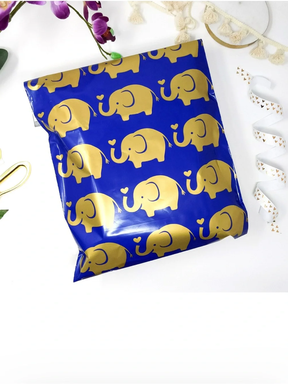 Gold Elephant Print Poly Mailer in Royal Blue 6 x 9,  20pack